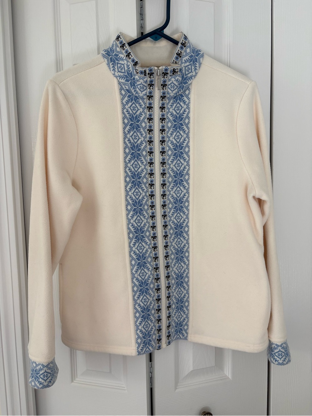 L.L. Bean Cream Zip Fleece Cardigan with Light Blue Nordic Trim